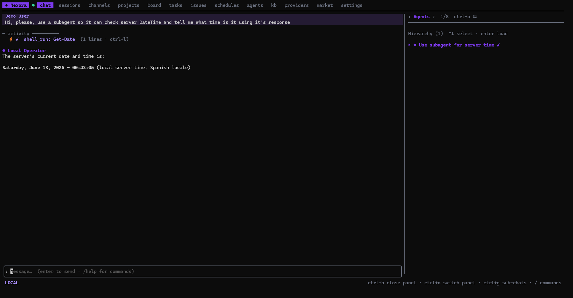 NexoraCLI terminal client — streaming chat with an agent