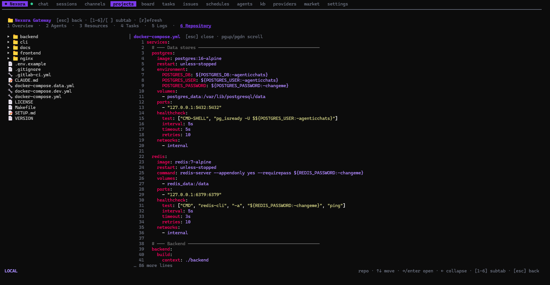 Projects repo browser with file tree and highlighted code