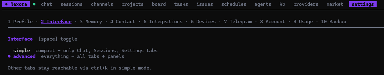 Settings subtabs — interface subtab